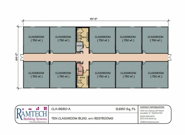 CLA-9680-A 10 classroom building with restroom floor plan